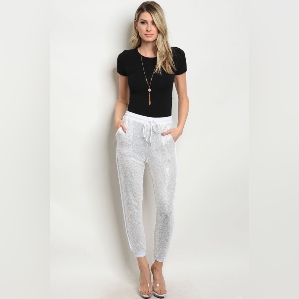 Rare Beauitful White Sequin Fitted Joggers (NO STRETCH)